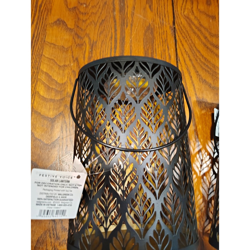 Festive Voice Solar Hanging Lantern Leaf Cutout Built-In LED Black Matte 7in